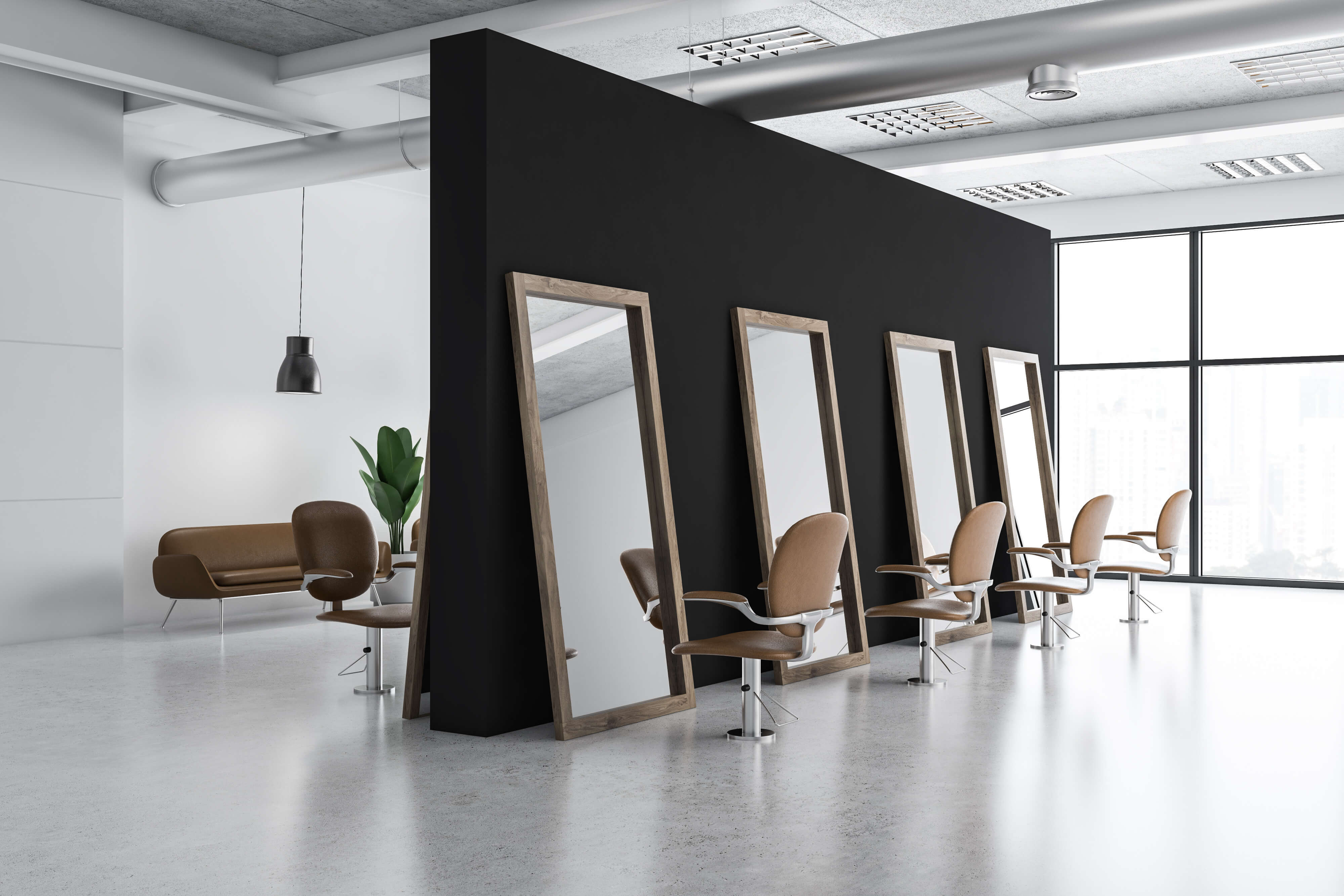 Sleek, modern salon with four brown chairs stationed at mirrors and a lounge area in the background.